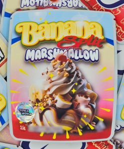 Banana Split Marshmallow cannabis flower by SPRINKLEZ, premium hybrid strain with creamy banana, vanilla, and marshmallow flavors, ideal for relaxation and social enjoyment.