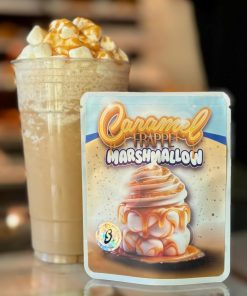 Balanced hybrid cannabis flower, Caramel Frappe Marshmallow by SPRINKLEZ, featuring dense buds with creamy caramel and coffee hues, ideal for dessert strain enthusiasts.